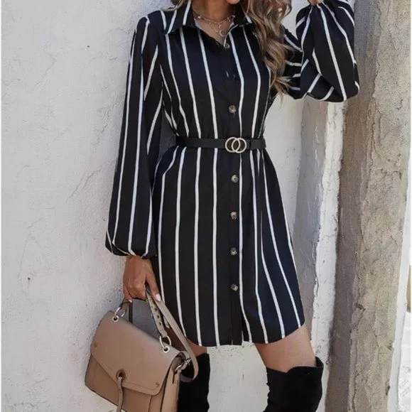 Striped Curved Hem Belted Shirt Dress - Picture 2 of 5